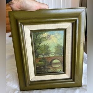 Vintage Framed Landscape Painting with Avocado Green Frame.